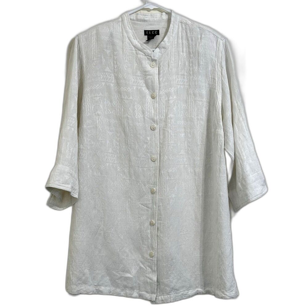 ELCC Linen Tunic Top Size 1X White Linen Rayon Button Up Shirt Top.